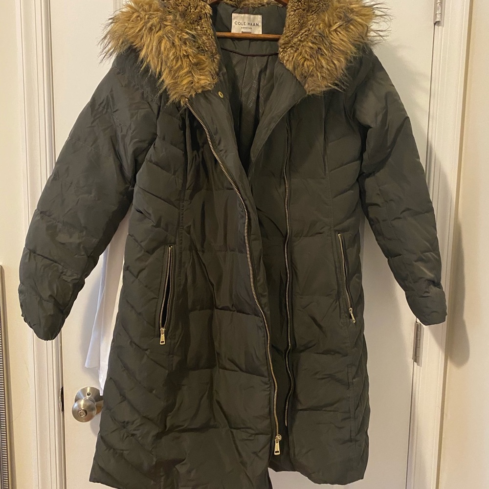 Cole Haan: Dark green faux fur winter coat
